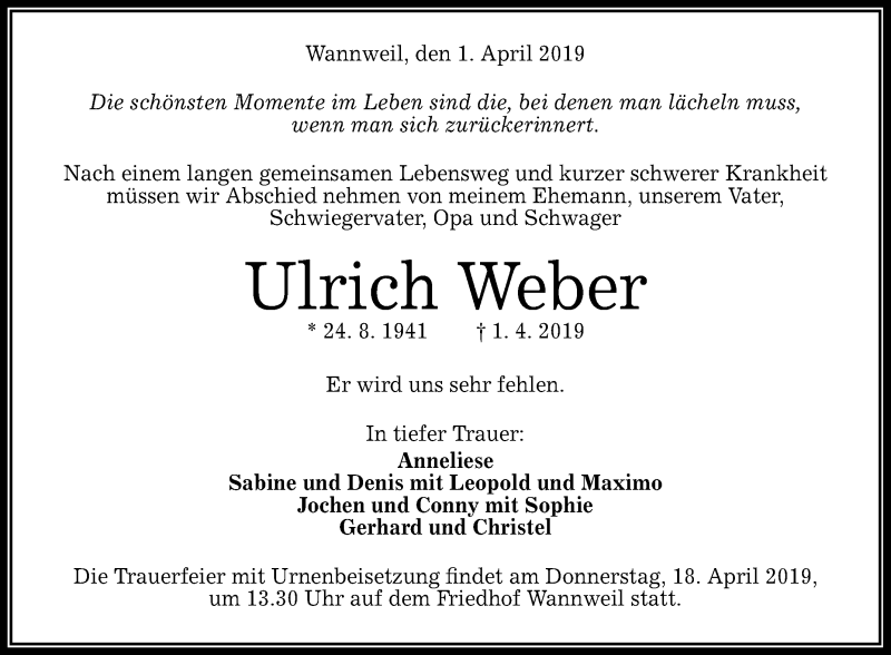  Traueranzeige für Ulrich Weber vom 13.04.2019 aus Reutlinger General-Anzeiger