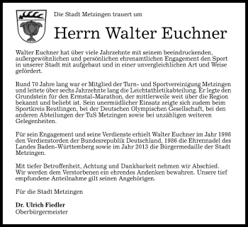 Anzeige von Walter Euchner von Reutlinger General-Anzeiger