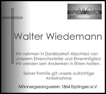 Anzeige von Walter Wiedemann von Reutlinger General-Anzeiger