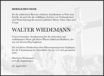 Anzeige von Walter Wiedemann von Reutlinger General-Anzeiger