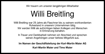 Anzeige von Willi Breitling von Reutlinger General-Anzeiger