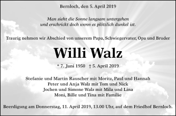 Anzeige von Willi Walz von Reutlinger General-Anzeiger