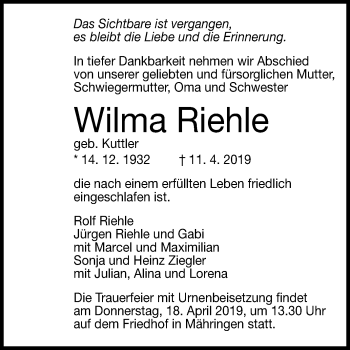 Anzeige von Wilma Riehle von Reutlinger General-Anzeiger