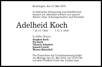 Anzeige von Adelheid Koch von Reutlinger General-Anzeiger