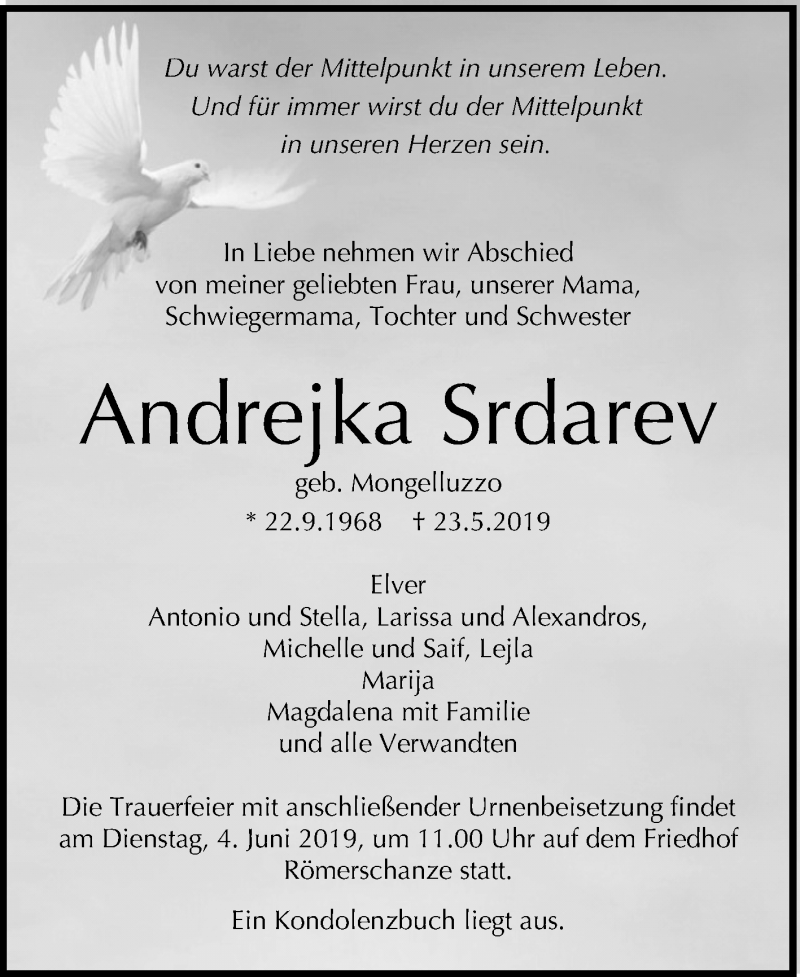  Traueranzeige für Andrejka Srdarev vom 29.05.2019 aus Reutlinger General-Anzeiger