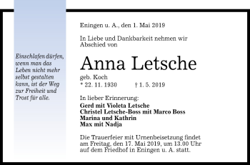 Anzeige von Anna Letsche von Reutlinger General-Anzeiger