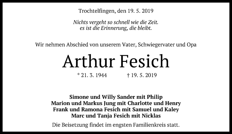  Traueranzeige für Arthur Fesich vom 21.05.2019 aus Reutlinger General-Anzeiger