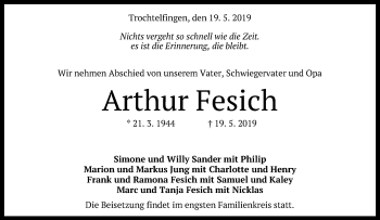 Anzeige von Arthur Fesich von Reutlinger General-Anzeiger