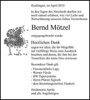 Anzeige von Bernd Mötzel von Reutlinger General-Anzeiger