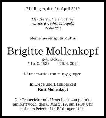 Anzeige von Brigitte Mollenkopf von Reutlinger General-Anzeiger