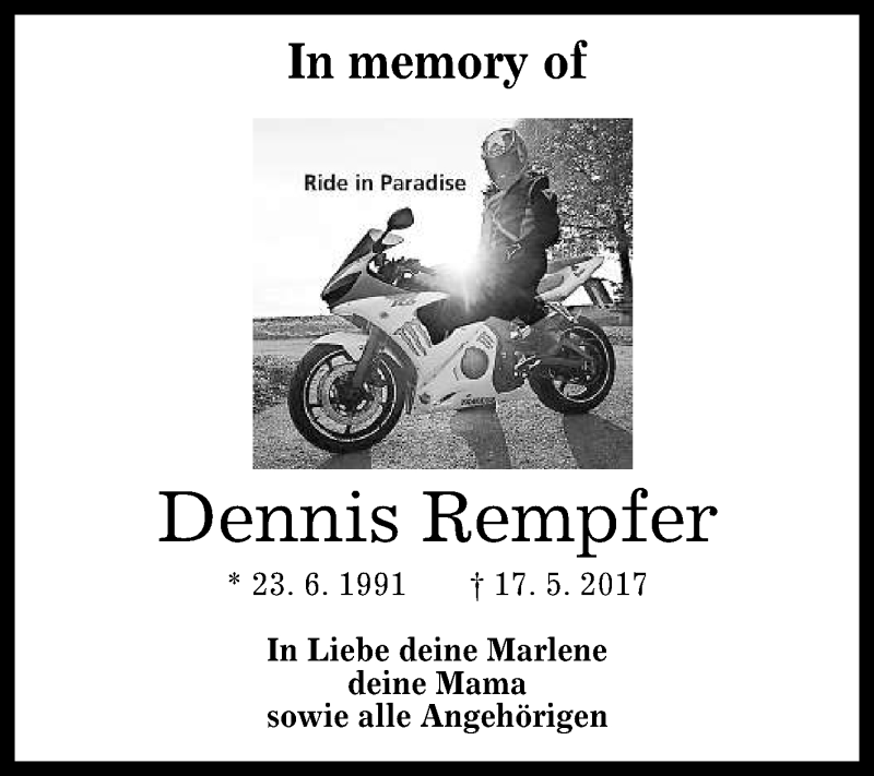  Traueranzeige für Dennis Rempfer vom 17.05.2019 aus Reutlinger General-Anzeiger