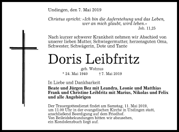 Anzeige von Doris Leibfritz von Reutlinger General-Anzeiger