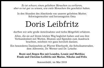 Anzeige von Doris Leibfritz von Reutlinger General-Anzeiger