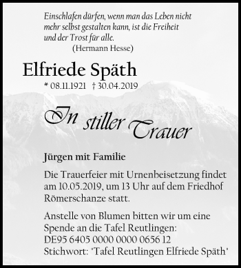 Anzeige von Elfriede Späth von Reutlinger General-Anzeiger