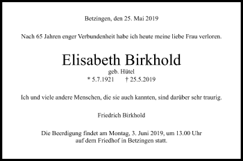 Anzeige von Elisabeth Birkhold von Reutlinger General-Anzeiger