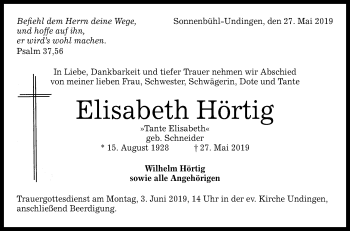 Anzeige von Elisabeth Hörtig von Reutlinger General-Anzeiger