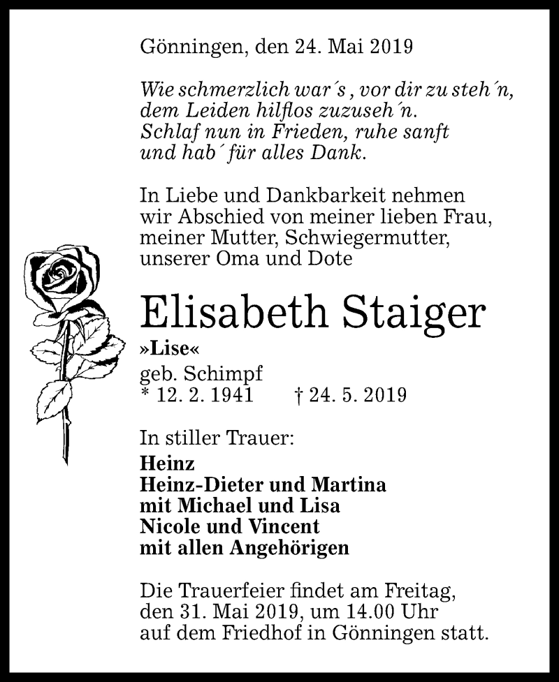  Traueranzeige für Elisabeth Staiger vom 28.05.2019 aus Reutlinger General-Anzeiger