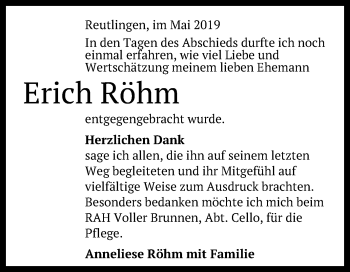 Anzeige von Erich Röhm von Reutlinger General-Anzeiger