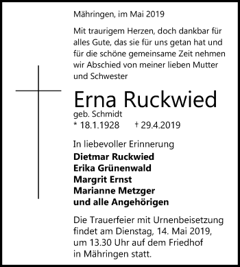 Anzeige von Erna Ruckwied von Reutlinger General-Anzeiger