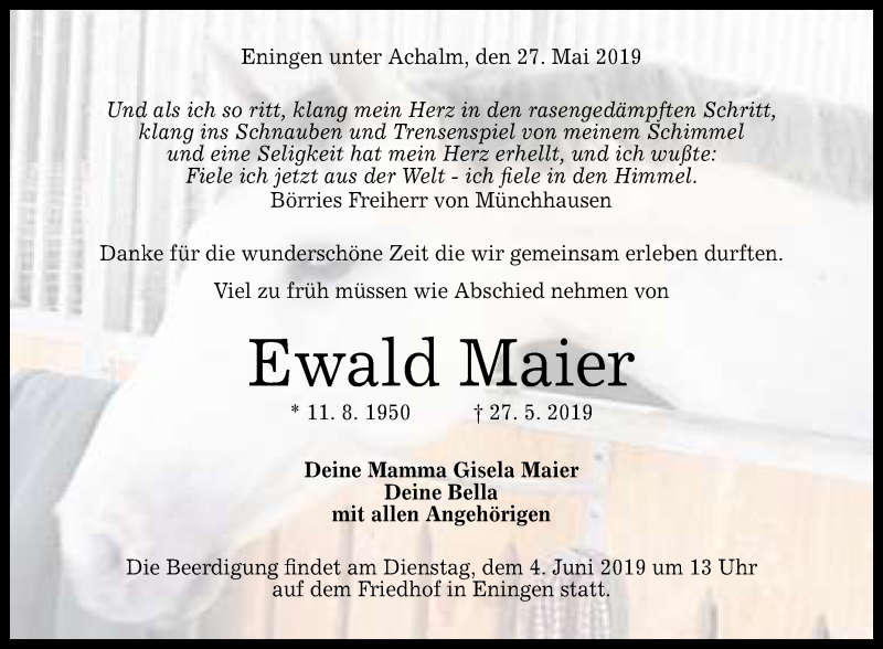  Traueranzeige für Ewald Maier vom 31.05.2019 aus Reutlinger General-Anzeiger