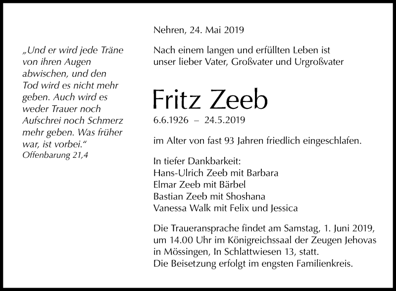  Traueranzeige für Fritz Zeeb vom 28.05.2019 aus Reutlinger General-Anzeiger