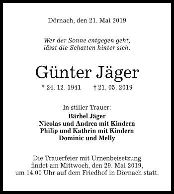 Anzeige von Günter Jäger von Reutlinger General-Anzeiger