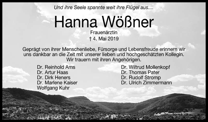  Traueranzeige für Hanna Wößner vom 11.05.2019 aus Reutlinger General-Anzeiger