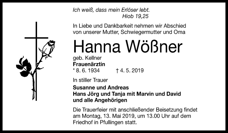  Traueranzeige für Hanna Wößner vom 09.05.2019 aus Reutlinger General-Anzeiger