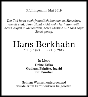 Anzeige von Hans Berkhahn von Reutlinger General-Anzeiger