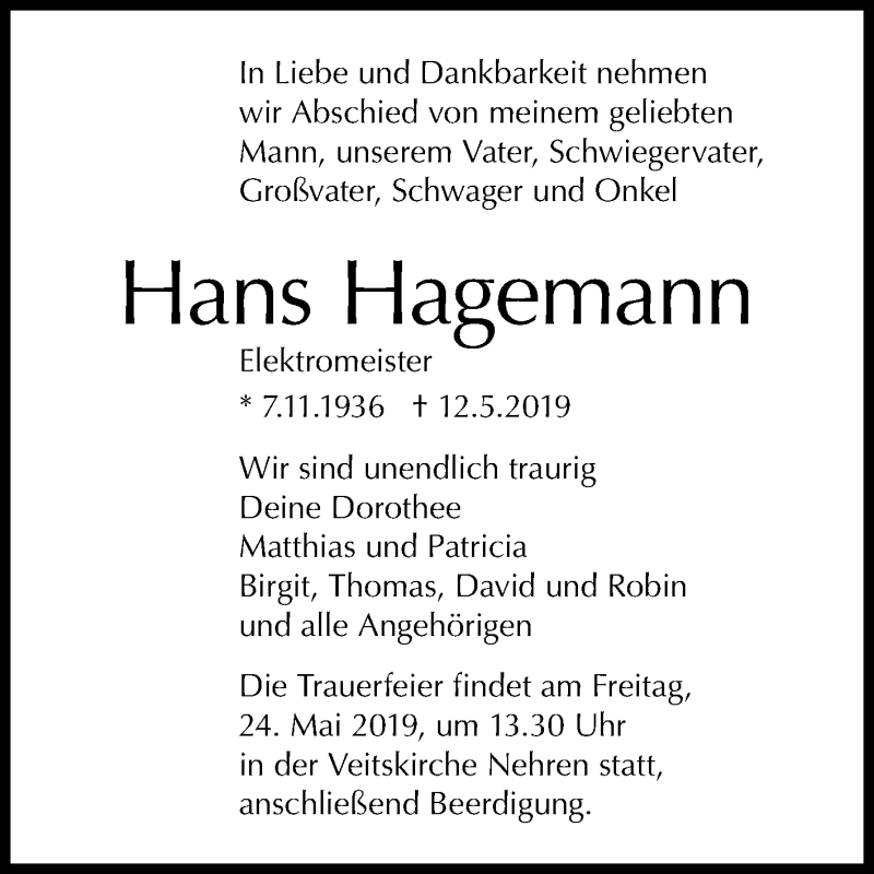  Traueranzeige für Hans Hagemann vom 17.05.2019 aus Reutlinger General-Anzeiger