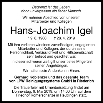 Anzeige von Hans-Joachim Igel von Reutlinger General-Anzeiger
