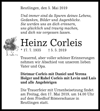 Anzeige von Heinz Corleis von Reutlinger General-Anzeiger