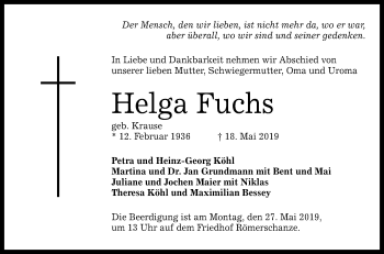 Anzeige von Helga Fuchs von Reutlinger General-Anzeiger