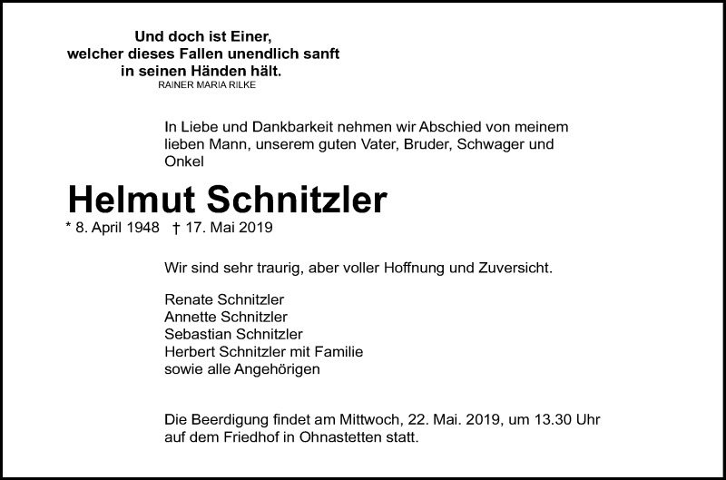  Traueranzeige für Helmut Schnitzler vom 20.05.2019 aus Reutlinger General-Anzeiger