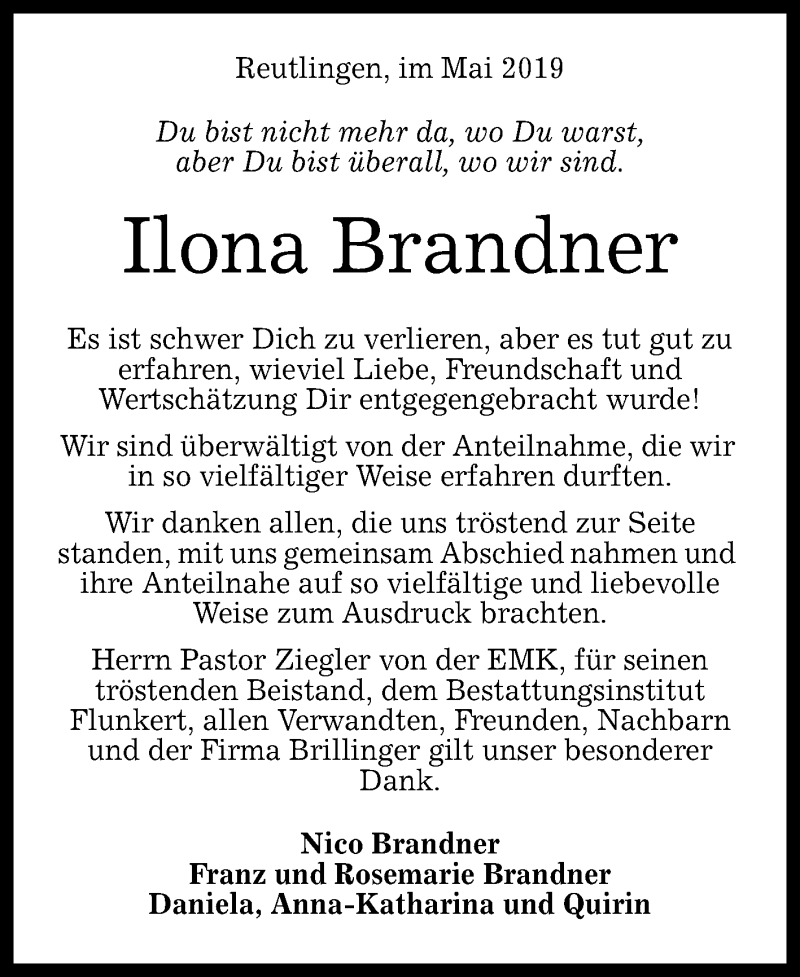  Traueranzeige für Ilona Brandner vom 08.05.2019 aus Reutlinger General-Anzeiger