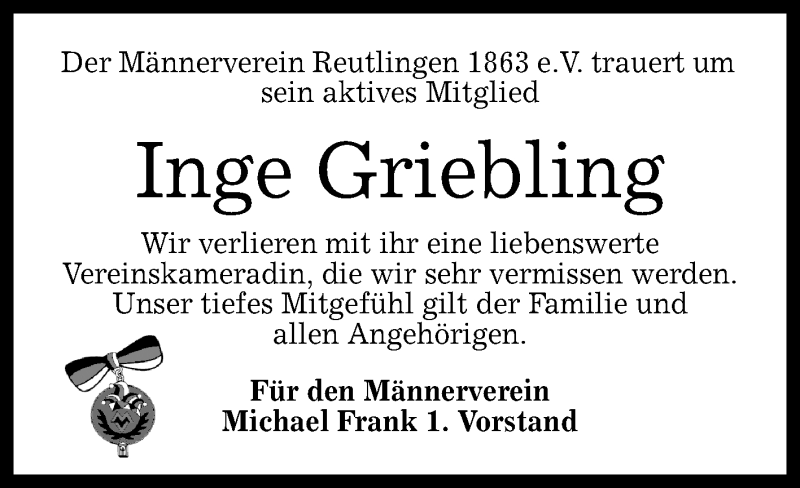  Traueranzeige für Inge Griebling vom 04.05.2019 aus Reutlinger General-Anzeiger