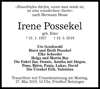 Anzeige von Irene Possekel von Reutlinger General-Anzeiger