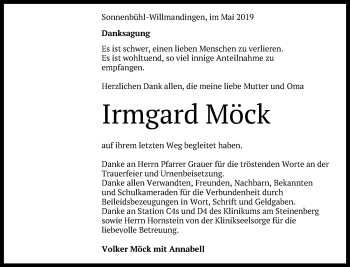 Anzeige von Irmgard Möck von Reutlinger General-Anzeiger