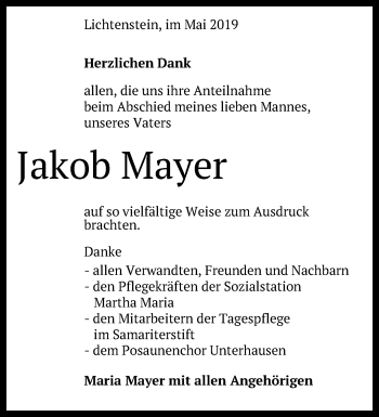Anzeige von Jakob Mayer von Reutlinger General-Anzeiger