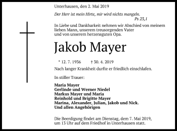 Anzeige von Jakob Mayer von Reutlinger General-Anzeiger