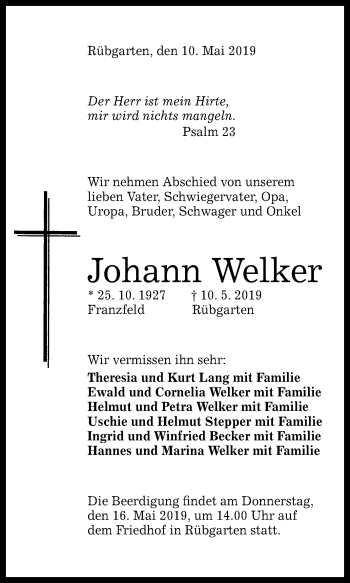 Anzeige von Johann Welker von Reutlinger General-Anzeiger