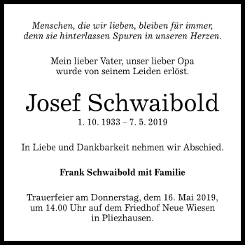 Anzeige von Josef Schwaibold von Reutlinger General-Anzeiger
