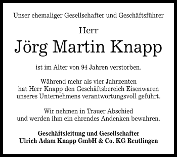 Anzeige von Jörg Martin Knapp von Reutlinger General-Anzeiger