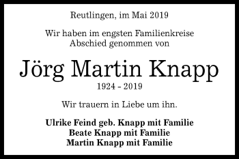 Anzeige von Jörg Martin Knapp von Reutlinger General-Anzeiger
