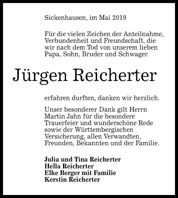 Anzeige von Jürgen Reicherter von Reutlinger General-Anzeiger