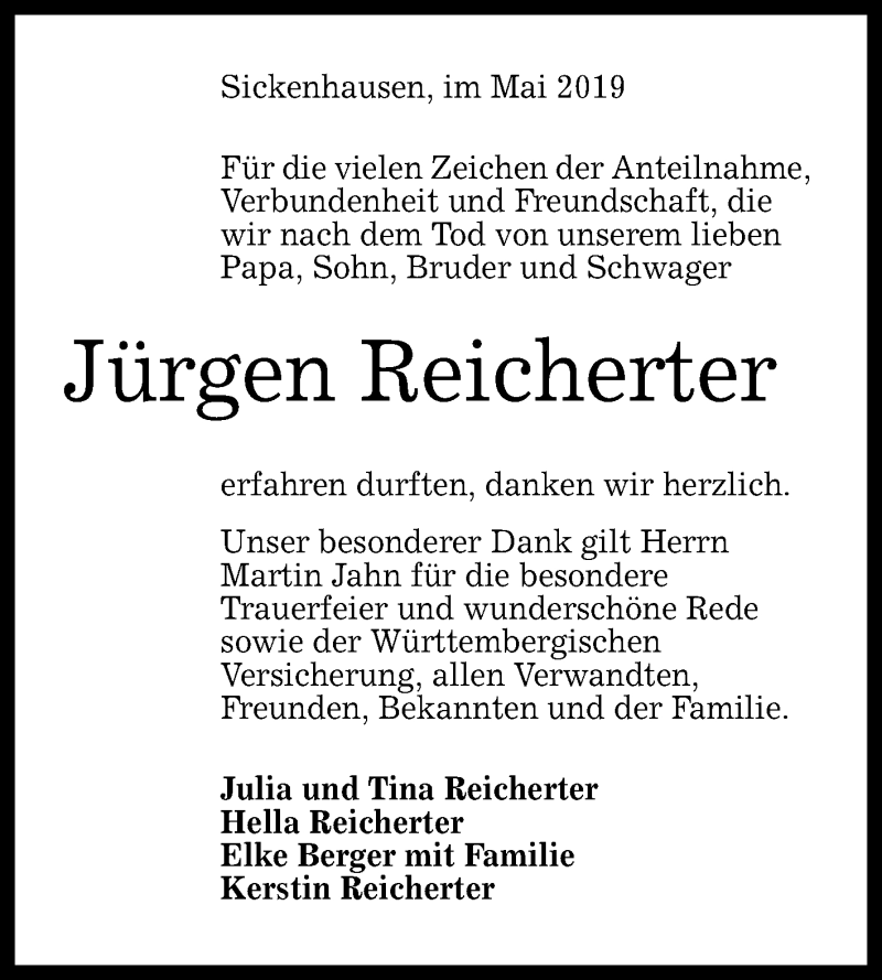  Traueranzeige für Jürgen Reicherter vom 22.05.2019 aus Reutlinger General-Anzeiger