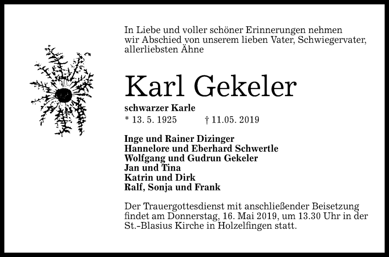  Traueranzeige für Karl Gekeler vom 14.05.2019 aus Reutlinger General-Anzeiger