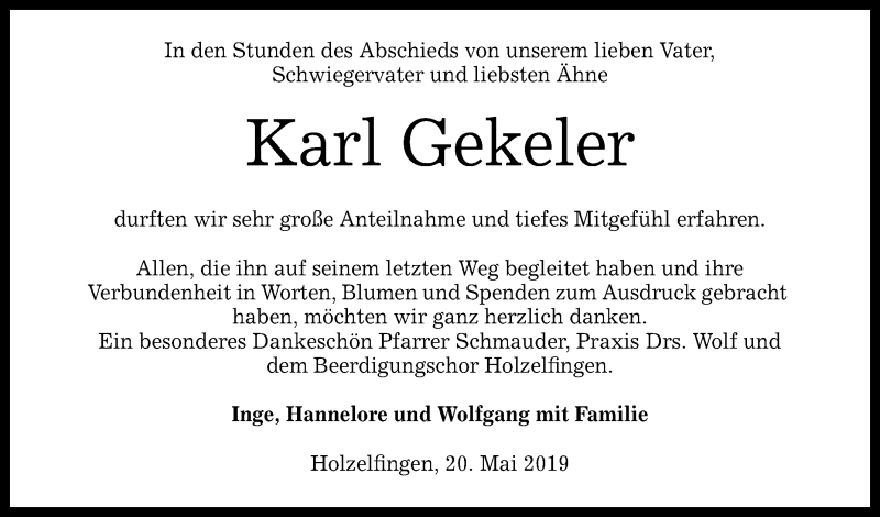  Traueranzeige für Karl Gekeler vom 22.05.2019 aus Reutlinger General-Anzeiger