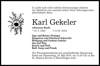 Anzeige von Karl Gekeler von Reutlinger General-Anzeiger