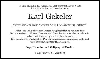 Anzeige von Karl Gekeler von Reutlinger General-Anzeiger